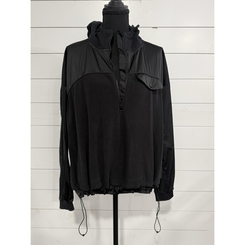 Athleta Women's Black Fleece Mixed Media Quarter Zip Pullover Cinched Waist M